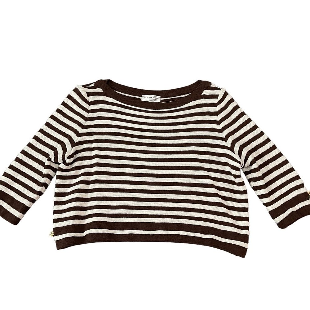 St. John Sport By Marie Gray Brown White Stripped Cropped Knit LS Sweater, Size